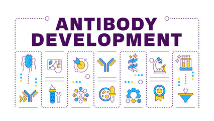Antibody development word concept isolated on white. Antibody discovery and production. Immunology. Creative illustration banner surrounded by editable line colorful icons. Hubot Sans font used