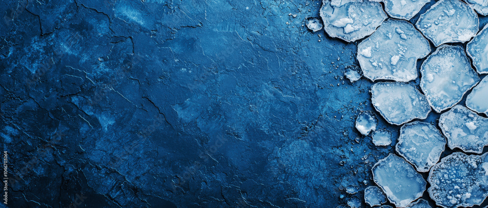 Poster a textured blue surface with hexagonal ice formations along one edge, reflecting cold and wintery vi