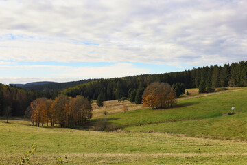 Herbstliche Bergwiesen und bewaldete H&uuml;gel bei Neuhaus am Rennweg, bunte Laubbaumgruppen im Th&uuml;ringer Wald, Landkreis Sonneberg, Th&uuml;ringen, Deutschland, Wandern im Schiefergebirge, Naturpanorama