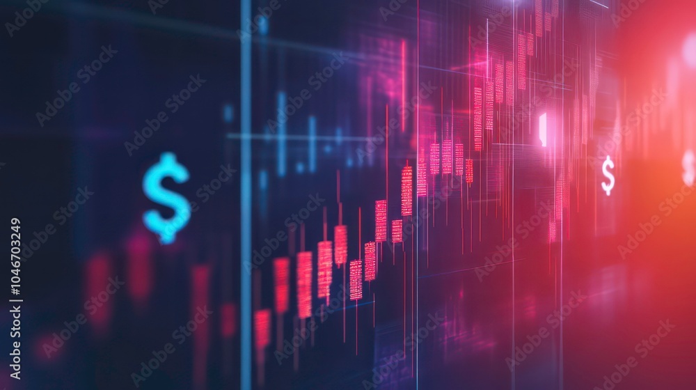 Aufkleber a stock market chart with red and blue candlestick patterns rising on a dark background with dollar 