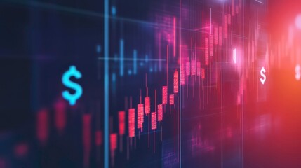 Fototapeta premium A stock market chart with red and blue candlestick patterns rising on a dark background with dollar symbols in the foreground.