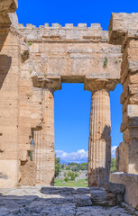 Temple of Neptune at Paestum in Italy: view across the peristyle.	