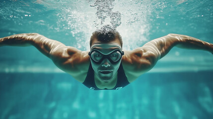 Fototapeta premium Pro Athlete Gliding Underwater in Streamline Position, Clear Pool View
