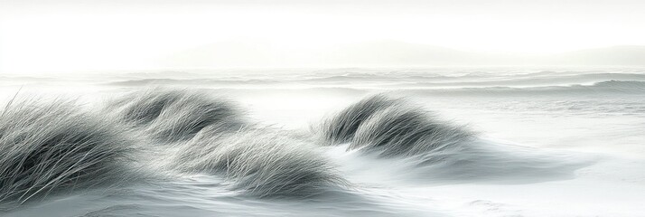 Obraz premium A peaceful scene of grass blowing in the wind, with a blurred background of a calm beach.
