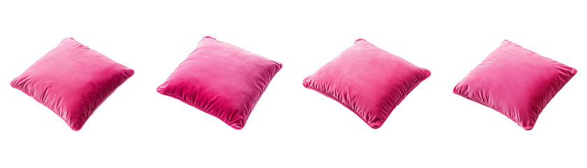 set of square-shaped velvet pillow in the pink color, product photo on a white background