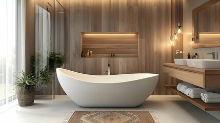 Modern Bathroom with Wooden Accents and Luxurious Bathtub