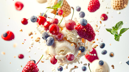 Dessert with ice cream, raspberries, cherries and blueberries. The ice cream melts and the wild berries scatter in different directions. A sweet delicious snack. A refreshing natural product