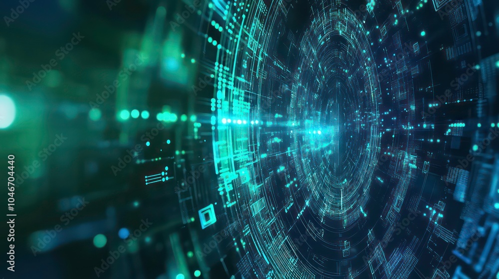 Poster Abstract digital tunnel with glowing lights and geometric patterns.