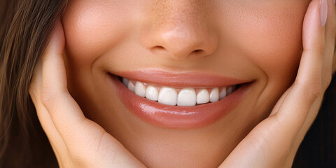 Obraz premium High-quality crop photo of skincare and cosmetics concept with copy space for text. Woman with beautiful face touching healthy facial skin portrait. Beautiful happy girl model with natural 