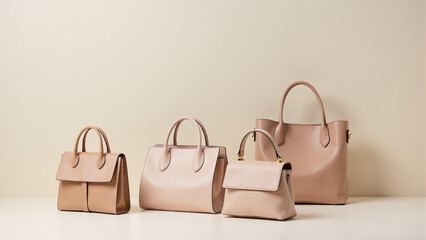 Series of handbags placed on minimal design backgrounds