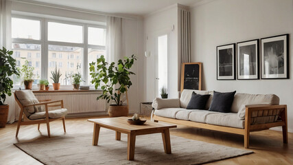 Fototapeta premium Stylish scandinavian living room with design furniture, plants, bamboo bookstand and wooden desk. Brown wooden parquet. Abstract painting on the white wall. Nice apartment. Modern decor of bright room