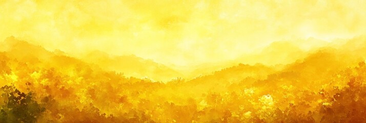 Obraz premium Golden sunrise over hills, a dreamy yellow landscape.