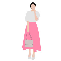 girl with white clothes and 
pink skirt with a bag
