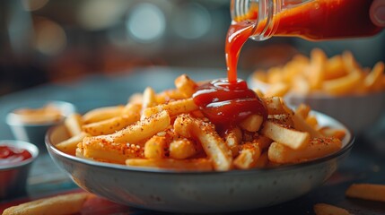 Close-up of crispy golden french fries with a stream of ketchup being poured from a bottle. fast-food concept