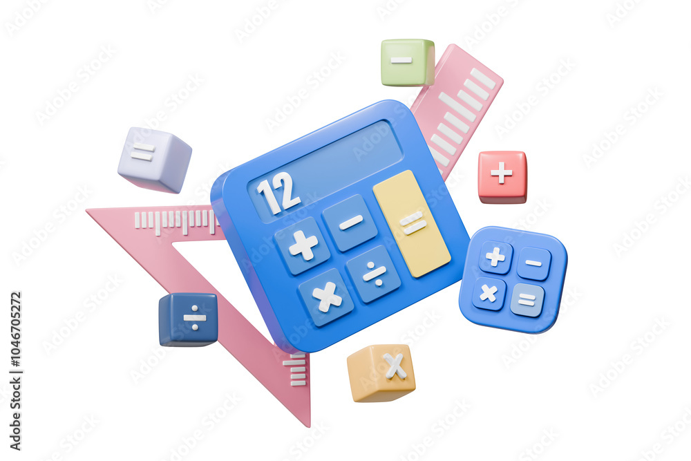 Poster 3d calculator device icon. minimal calculating machine, mathematic tool icon on isolated background.
