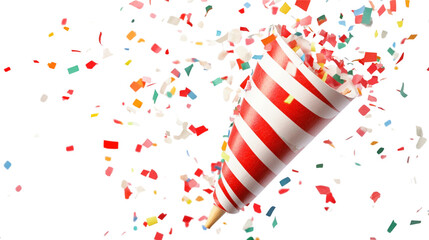 Obraz premium White background, red and white striped party popper with colorful confetti flying around it