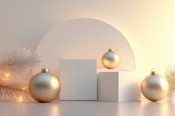 3d render of beautiful metallic white and gold xmas podium with empty space for product presentation