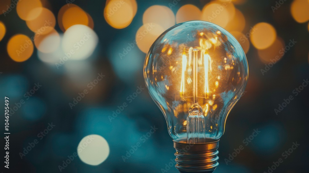 Poster A glowing light bulb with a blurred background of golden bokeh lights.