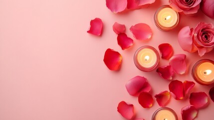 Photo of, Pink background with scattered rose petals and floral elements for design, banner template