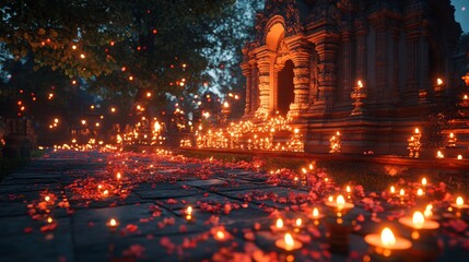 Fototapeta premium Temple Pathway with Candles and Flower Petals at Night