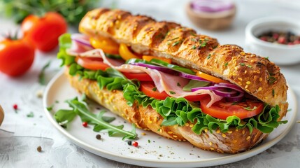 Delicious grilled panini sandwich with ham, fresh tomatoes, lettuce, and melted cheese on crispy toasted bread