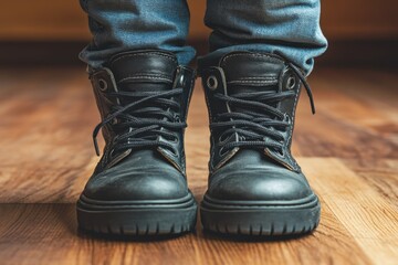 Big Shoes to Fill: Caucasian Boy wearing Large Black Shoes on Wooden Floor