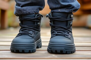 Big Shoes to Fill: Child's Feet in Large Black Shoes on Wooden Floor