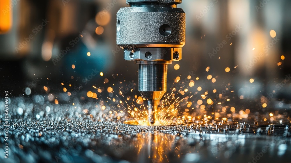 Poster a close-up of a precision drilling machine creating sparks during metalworking.