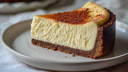 A delicious slice of creamy homemade cheesecake with a crispy base and a light lemon zest topping, served on a plate.
