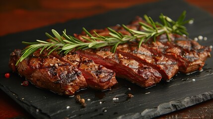 Sliced grilled medium rare steak on a black slate board, seasoned with salt and pepper. Garnished with rosemary