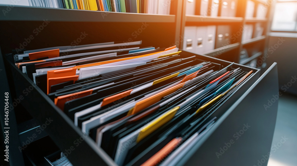 Poster close-up of an open drawer in a modern file storage cabinet, with multicolored folders and labeled p