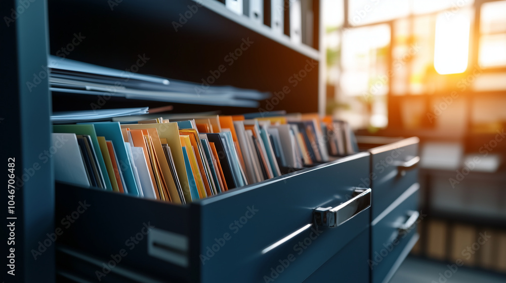 Poster close-up of an open drawer in a modern file storage cabinet, with multicolored folders and labeled p