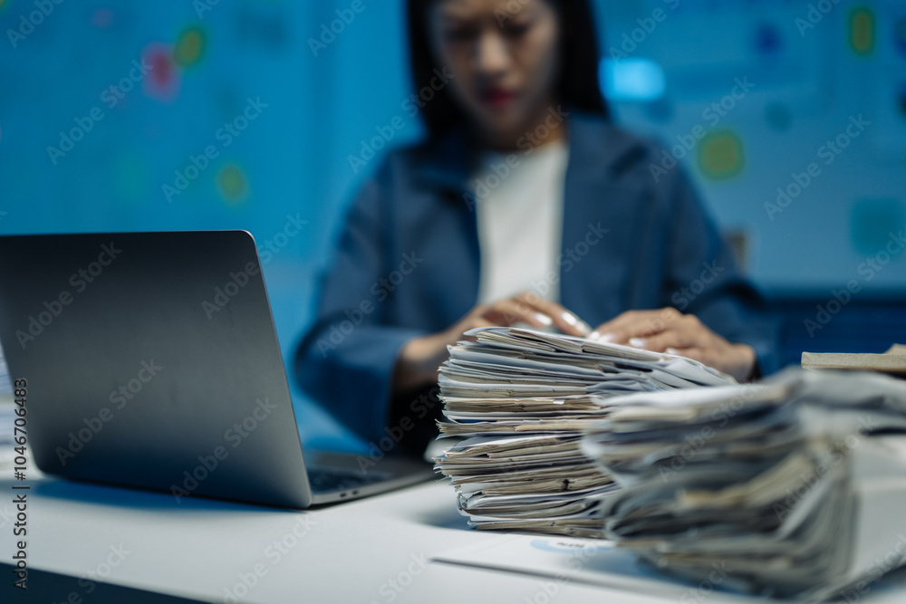 Poster businesswoman works late in her office, organizing paperwork and analyzing data on her computer, sur