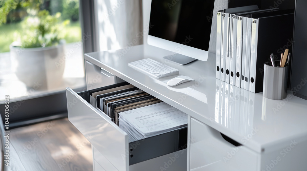 Poster a modern white file storage cabinet with an open drawer showcasing a collection of important corpora