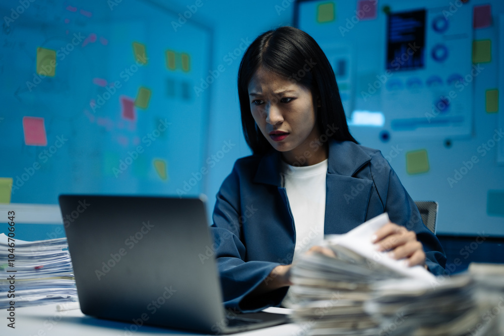 Poster businesswoman feeling stressed and overworked while using laptop and looking at paperwork in dark of