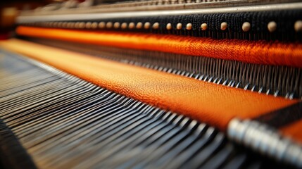 Close Up of Orange Fabric Being Woven on a Loom Machine