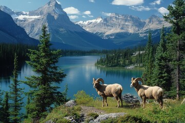 Naklejka premium Bighorn Sheep in Jasper National Park, Canada: A Majestic Creature in its Alpine Habitat