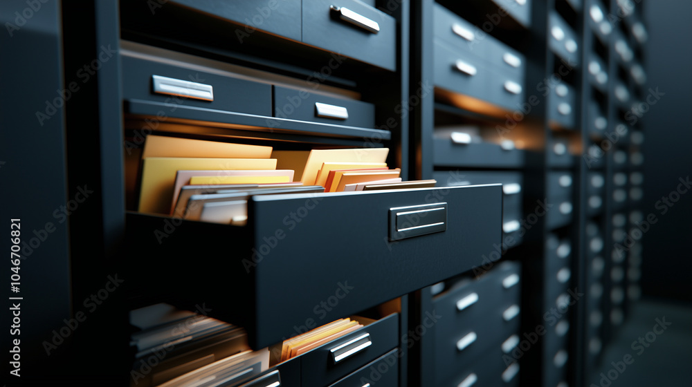 Poster a highly organized file cabinet drawer pulled open, showcasing a range of folders containing busines