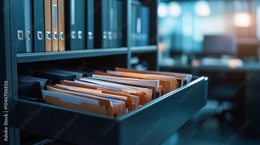 Poster an open drawer in a professional file storage cabinet with a wide selection of folders containing co