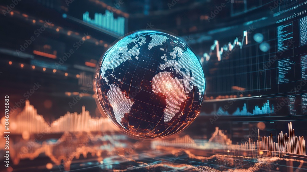 Poster A 3D rendering of a globe against a backdrop of financial data charts.