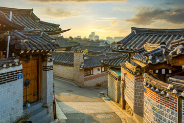 Naklejka premium Traditional Korean style architecture at Bukchon Hanok Village in Seoul, South Korea, Bukchon Hanok Village in Seoul, South Korea, History culture of Seoul Bukchon Hanok, South Korea.