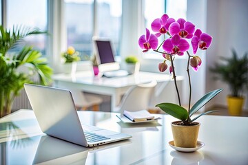 Fototapeta premium Beautiful Orchid on White Table in a Modern Office Setting â€“ Tilt-Shift Photography for Office Decor Inspiration, Indoor Plants, Minimalist Design, and Floral Arrangement Ideas