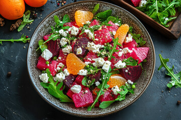 Salad with beetroot, tangerines, feta cheese and arugula,. AI generative