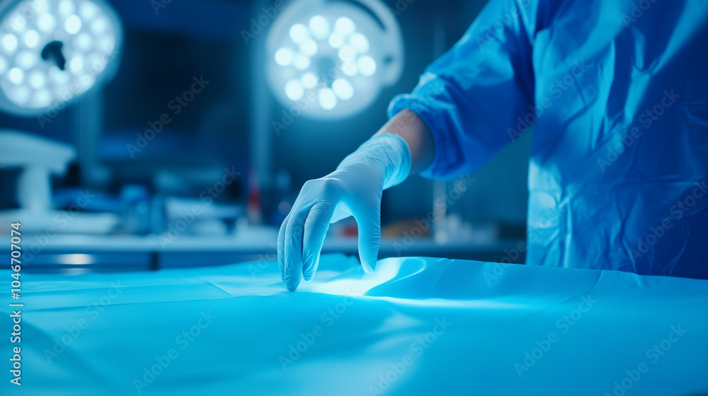 Aufkleber a sterile operating room with surgeons prepping for a minimally invasive procedure, with a clean blu