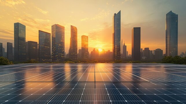 Urban skyline at sunset with solar panels in the foreground, highlighting renewable energy.
