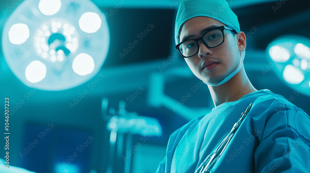 Aufkleber a surgeon preparing laparoscopic instruments in a pristine operating room, with surgical lights focu