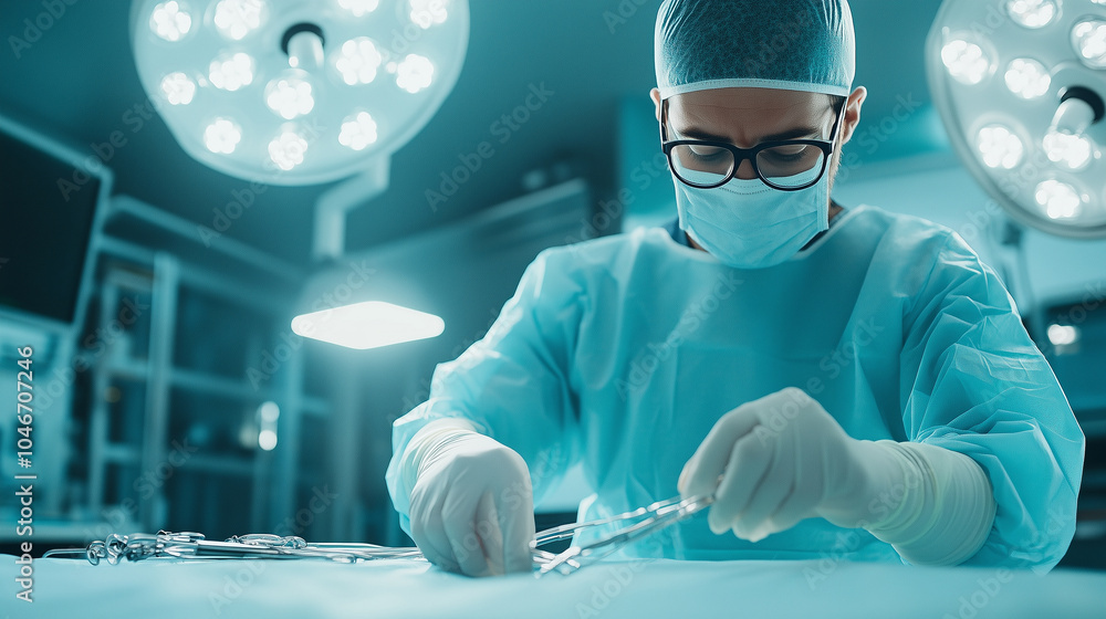 Aufkleber a surgeon preparing laparoscopic instruments in a pristine operating room, with surgical lights focu