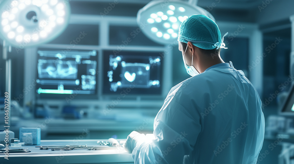 Poster a surgeon preparing laparoscopic instruments in a pristine operating room, with surgical lights focu