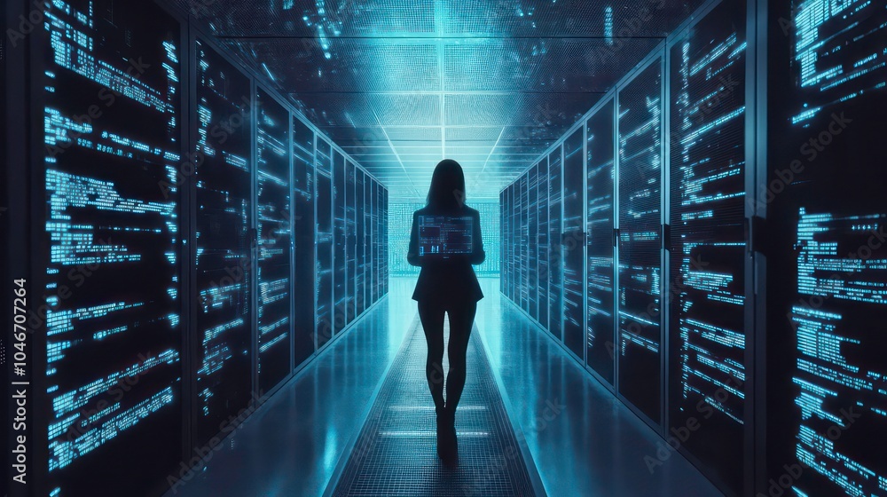 Leinwandbilder a woman in a server room stands in front of rows of servers. she holds a tablet. the room is lit by 