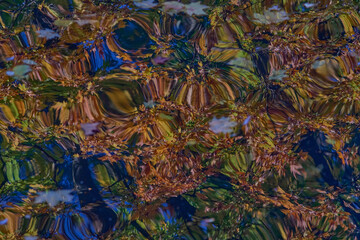 Abstract view of autumn trees reflected in rippling water, blending vibrant green, orange, and blue hues to create a mesmerizing, wavy pattern